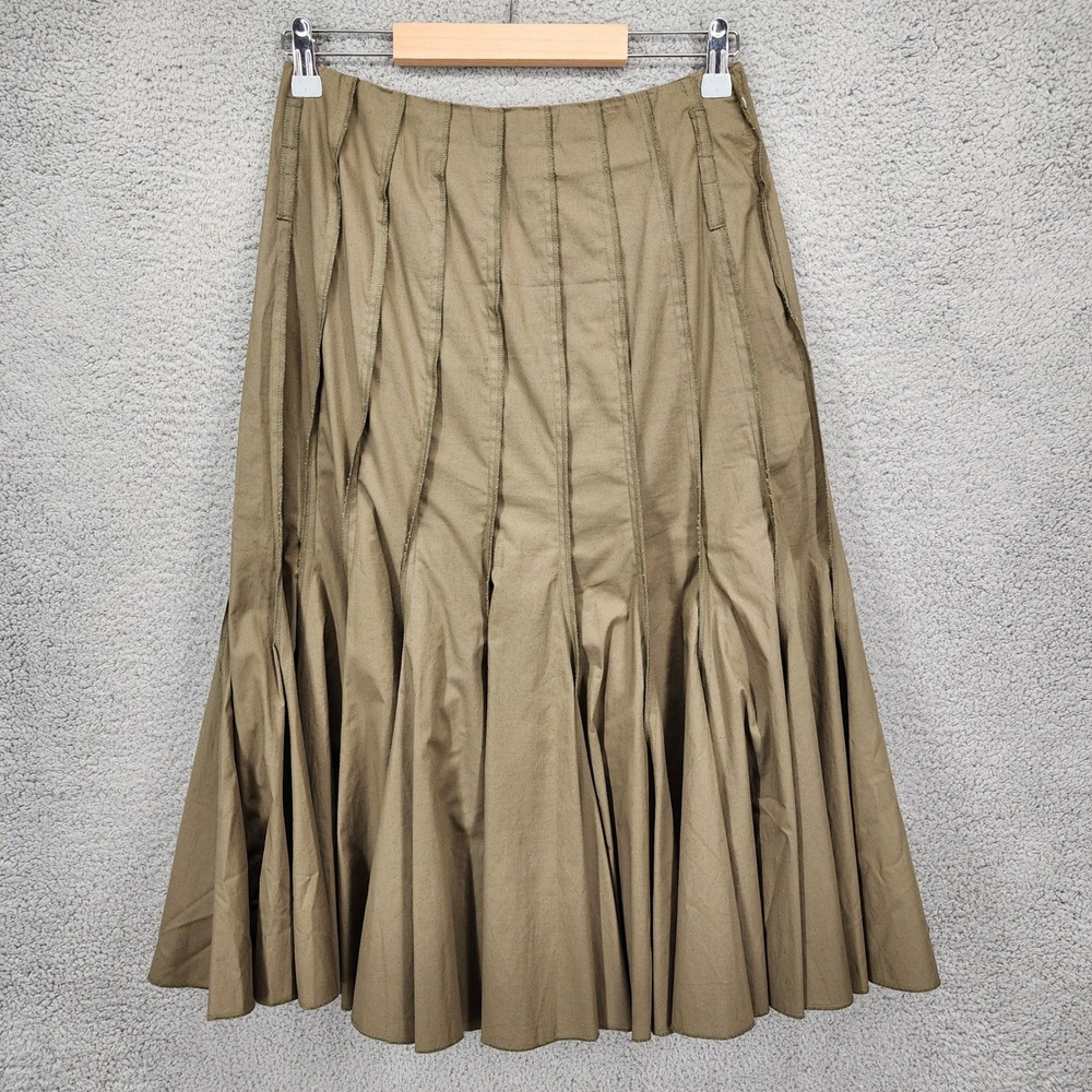 Per Se Olive Green Paneled Raw Edge Flare Midi Skirt Size 6 Cotton Blend
